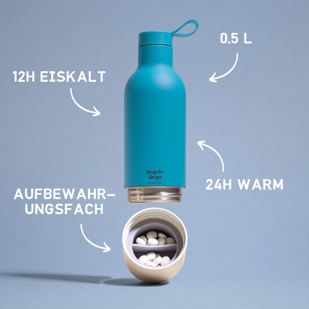 dropz Flasche ozeanblaue Edition - 0.5 L mit Aufbewahrungsfach